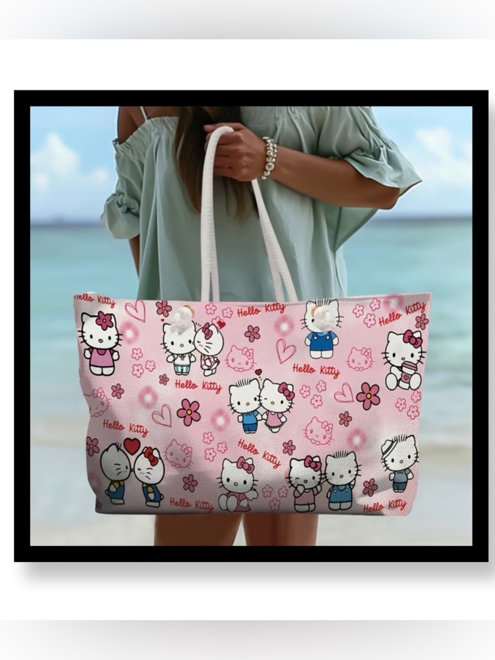🆕 Hello Kitty Pink Pattern Tote with White Rope Handles
